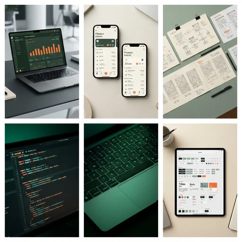 Product work: dashboards, mobile screens, wireframes and a design system.