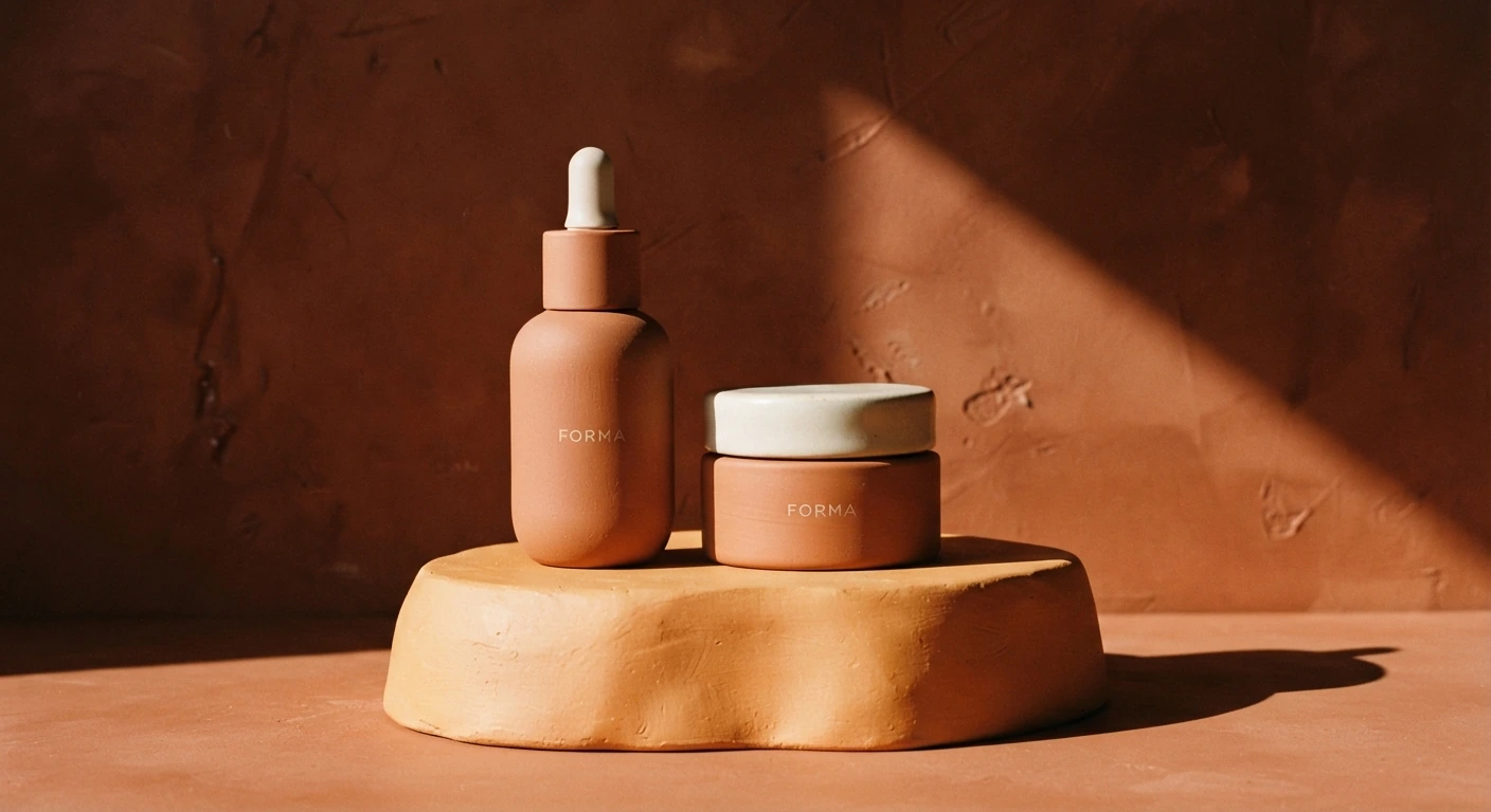 FORMA terracotta skincare bottles in warm sunlight